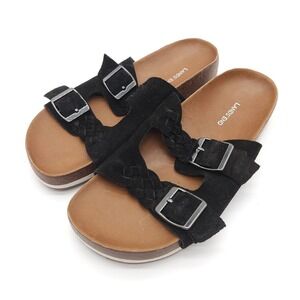 Lands End Womens 6B Black Suede Slide Sandals Braided Double Strap Buckle Boho